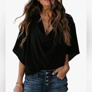 Yoeasy Loose Draped Cowl Neck Short Sleeve Chiffon Blouse Women’s Size S Black